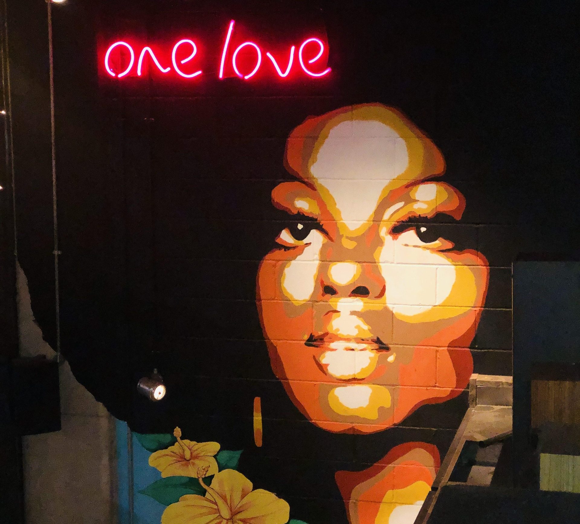 Walthamstow lady wall mural and one love neon sign