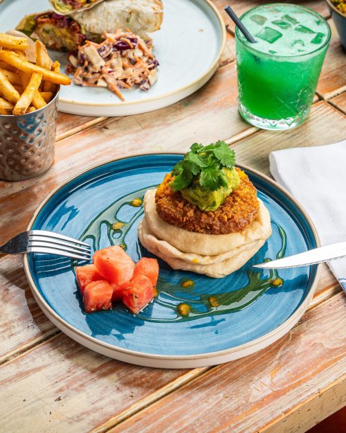 Bottomless Brunch dish - vegan yardbird with Tropic like its hot cocktail