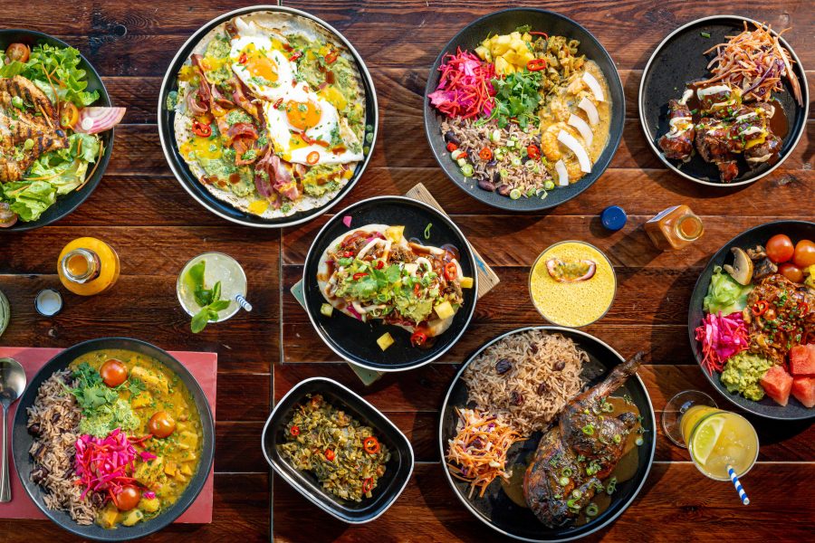 Colourful, fresh, tasty spring new menu dishes top down spread