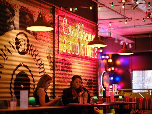 Turtle Bay Interior neon lights Caribbean good times